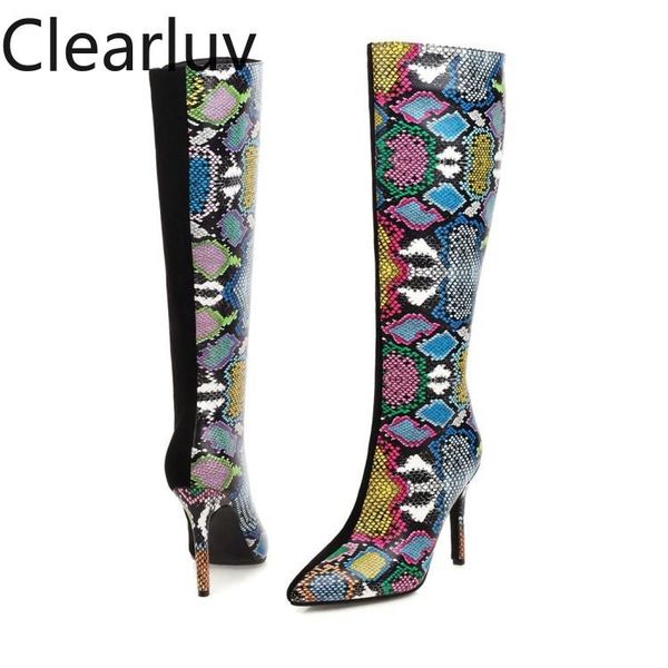 

boots fashionable snake pattern high pointed toe over the knee print zipper women's winter size 34-44, Black
