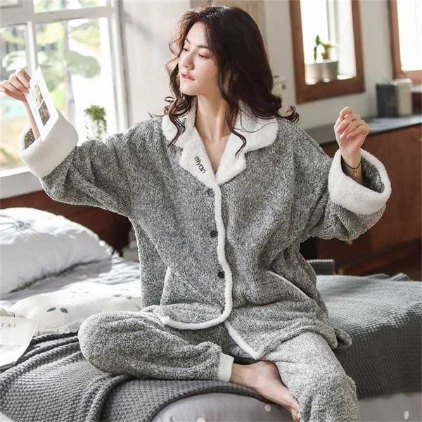 

2 pieces winter women pajamas set thicken warm soft flannel sleepwear lapel buttons female homewear plus size pyjamas 211118, Black;red