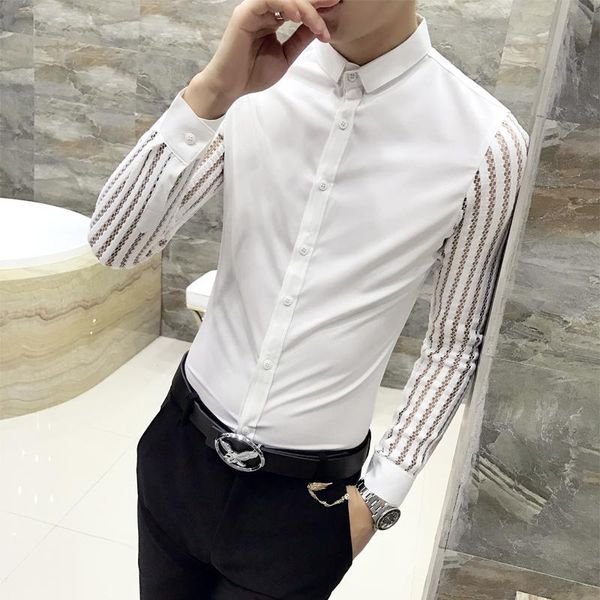 

new 2021 spring mens lace perspective shirts party long sleeve tuxedo shirt trend slim fit nightclub casual social shirts, White;black