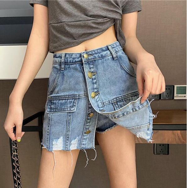

skirts street personality high waist irregular single-breasted denim skirt, Black