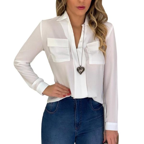

women's blouses & shirts american womenswear style solid color double pocket v-neck shirt formal commuter wear mature classic go with e, White