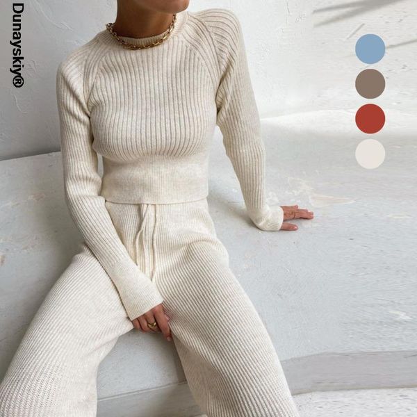 

women's two piece pants 2021 knitted sweater solid color round neck long sleeve outfits y2k casual striped suit warm sets tracksuit, White