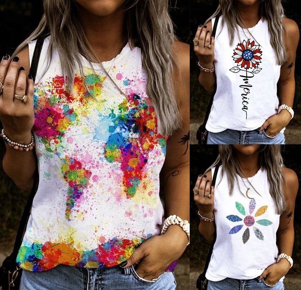 

new women's loose sleeveless t-shirt round neck print top, White