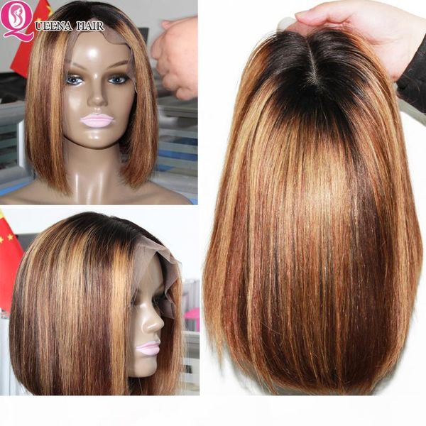 

blonde highlight bob wig 13x4 13x6 short bob straight lace front human hair wigs for black women remy 150 peruvian highlight wig, Black;brown