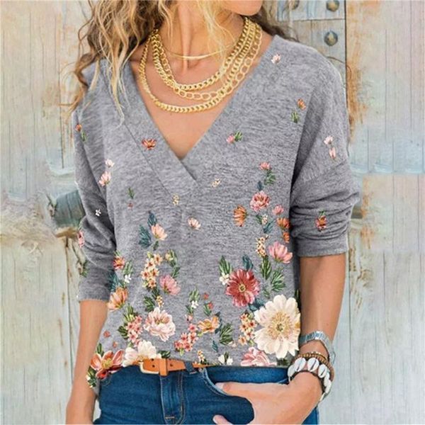 

women's t-shirt fashion v neck women t shirt spring vintage flower print long sleeve casual pullover antumn ladies, White