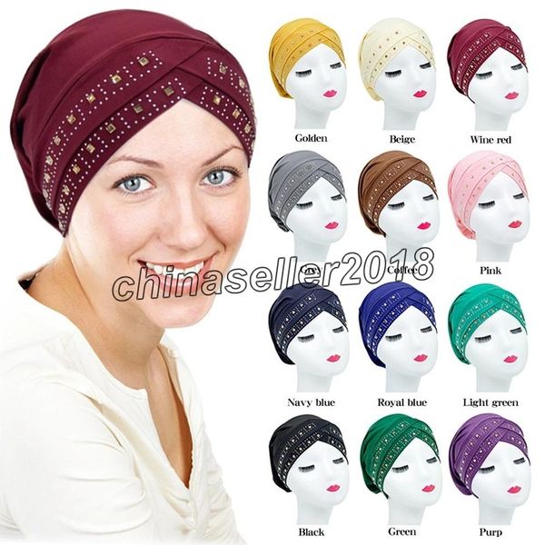 

fashion ladies forehead cross diamond milk silk ladies turban hat islamic muslim beanie hair accessories, Blue;gray