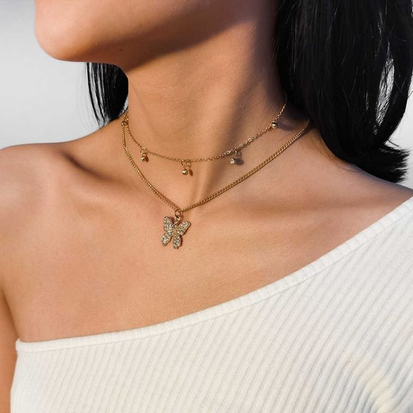 

fashion jewelry autumn new micro inlaid diamond clavicle personalized simple set butterfly necklace, Silver