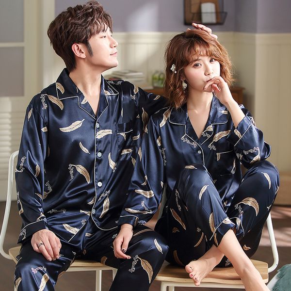 

couple pajamas set women mens silk satin pajama set couples long sleeve sleepwear homewear pj pyjamas plus size -xxl, Black;red