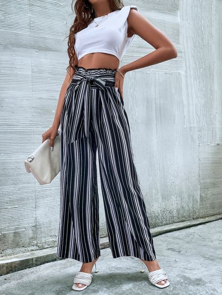 

striped paperbag waist belted pants n64w#, Black;white