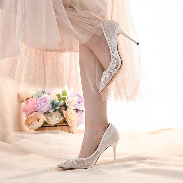 

dress shoes spring white female stiletto high-heeled princess single flower banquet wild lace bridal wedding, Black