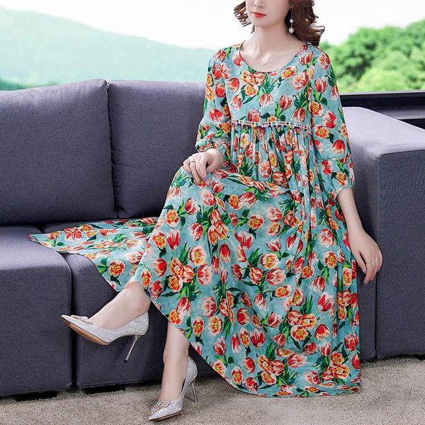 

casual dresses loose 4xl plus size blue print mulberry silk midi sundress 2021 spring vintage beach dress elegant women bodycon vestidos, Black;gray