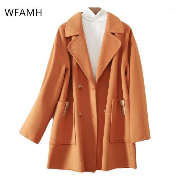 

women's wool & blends 2021 autumn and winter solid color beltless double-breasted fashion loose cashmere double-sided woolen coat women, Black