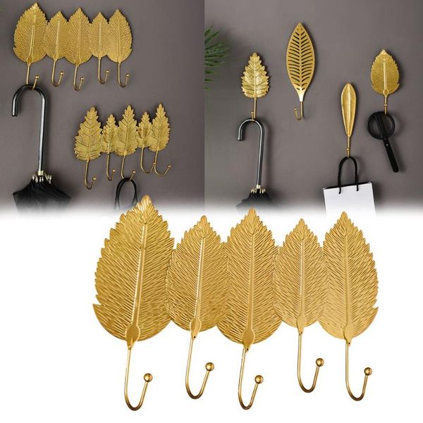 

hooks & rails 1/5pcs modern bathroom accessories wall decoration gate hook key hanger golden clothes rack iron leaf