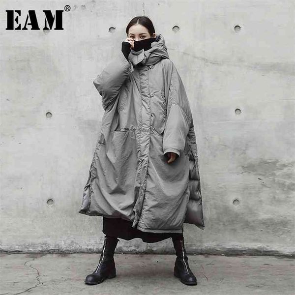 

[eam] hooded cotton-padded gray oversize long warm coat long sleeve loose fit women parkas fashion spring autumn je02002 210819, Black