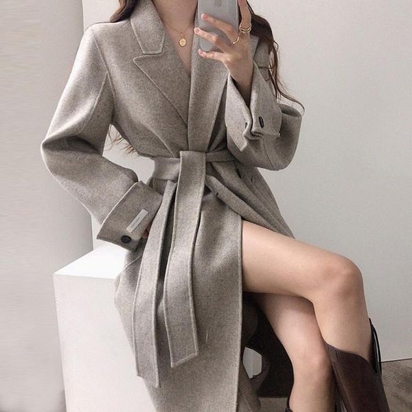 

women's jackets korean chic autumn and winter elegant light mature style lapel bandage waist loose long wool coat, Black;brown