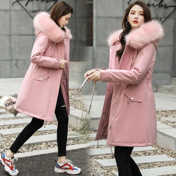 

women's down & parkas mid-length cotton coat female 2021 winter lining lamb hair loose big fur collar hooded parka clothes women outerw, Black