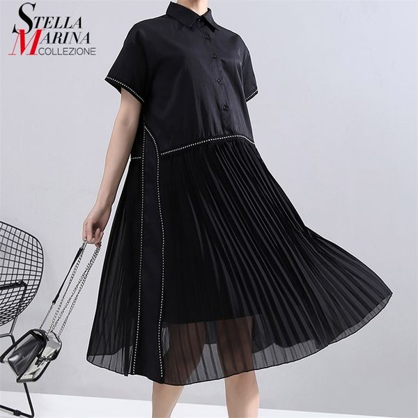 Nuova moda donna estate stile coreano abito camicia a pieghe nero chiffon patchwork risvolto signore carino abito longuette casual abito 6168 210309