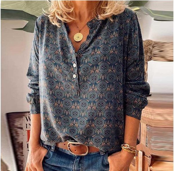 

autumn women vintage print button blouse shirt ladies elegant v neck pullover 2021 casual long sleeve loose shirt mujer 5xl, White