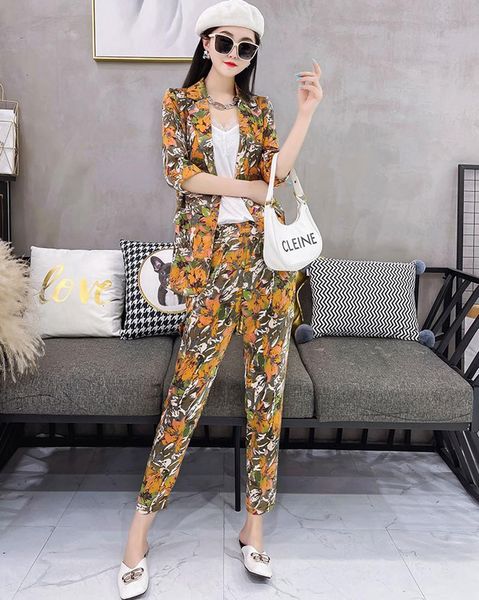 

women's two piece pants fashion printed suit spring autumn womens thin blazer + 2 female large size trouser set, White