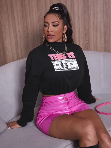 

stand collar graphic print crop sweatshirt 77dr#, White;black