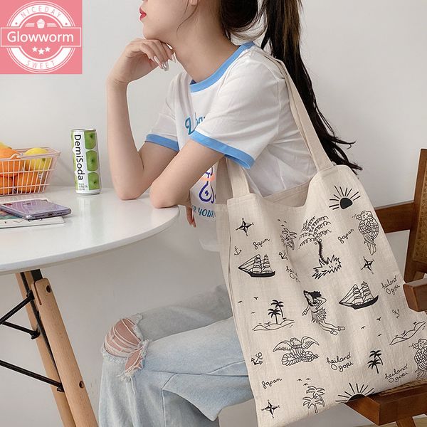 

cotton linen women canvas shoulder bags eco friendly shopping bag large capacity vintage handbag tote butterfly sailing print c0225