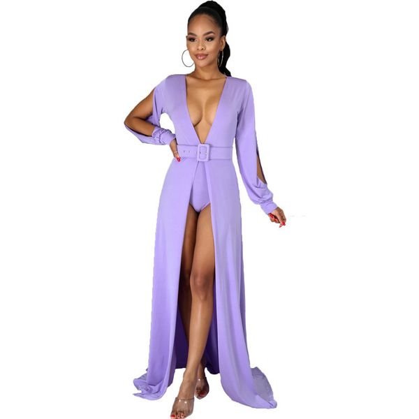 

women solid maxi dress with belt casual dresses for women split long sleeve dress cardigan club party dresses, White