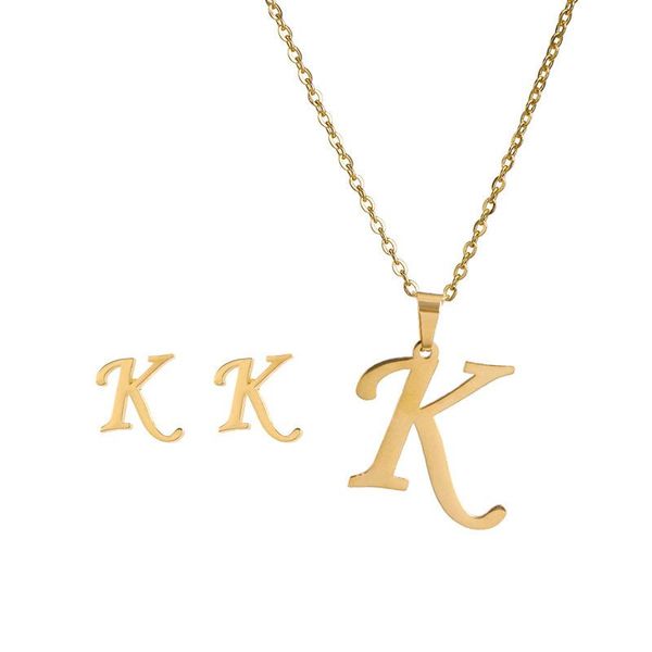 

2021 new 26 letter necklaces with earring set stainless steel gold choker initial pendant necklace women alphabet chains, Silver