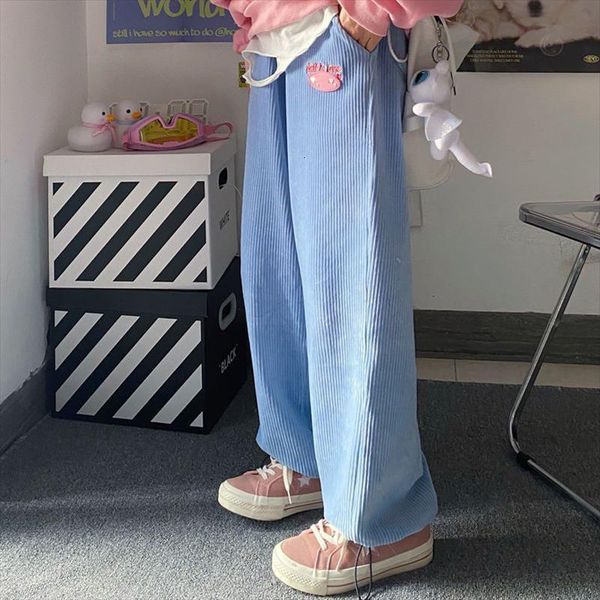 

casual spring and summer womens capri high street wild corduroy straight leggings trousers waist loose slim, Black;white