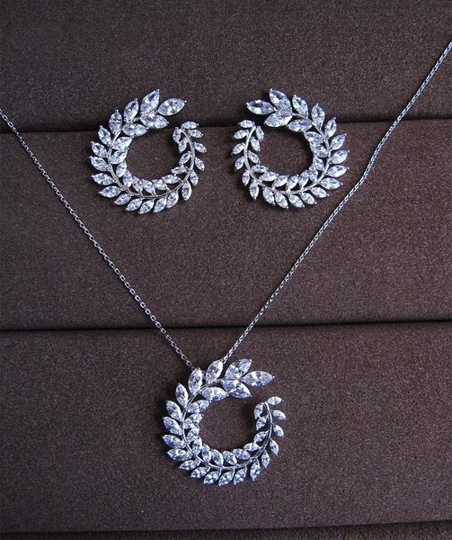 

luxury cz olive branch shaped big stud earrings and pendant necklace set ,wedding&party jewelry for women,s0216, Silver