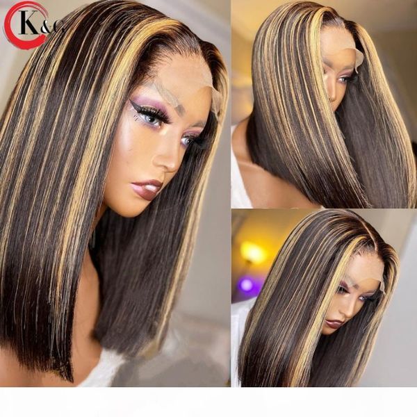 

kungang highlight bob 4*4 lace closure wigs 130% density lace front human hair wigs middle ratio wig non-remy hair, Black;brown