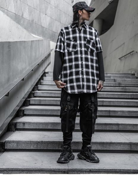 

summer men's mid-length printed long-sleeved plaid shirt stitching hip-hop boys kg-58, White;black