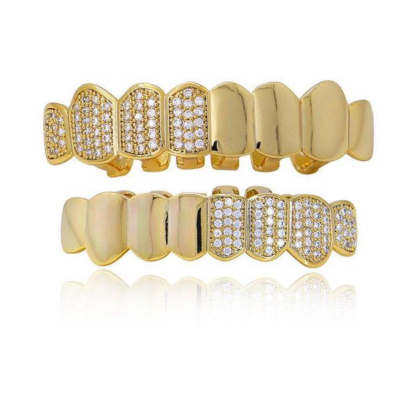 

new design hip hop grillz iced zircon fang mouth teeth caps & bottom tooth set men women fashion teeth jewelry, Black