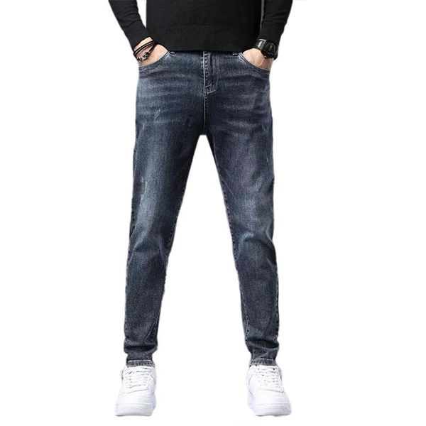 

men's jeans fashion all-match slim feet casual autumn and winter trousers, Blue