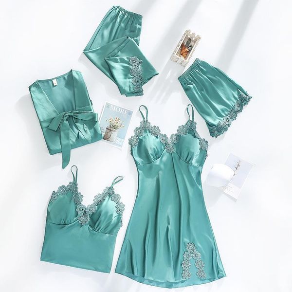 

women dressing gown 5piece pajamas set lace sling shorts summer robe sleepwear lace silk satin pajamas set for women, Black;red