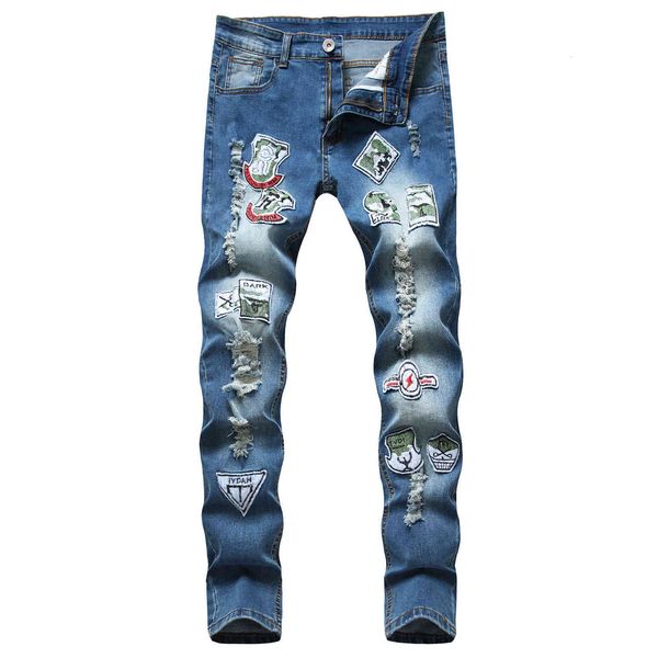 

men's jeans 2021 embroidery stitching hole beggar's pants slim personality men's jeans, Blue