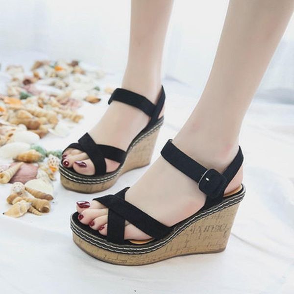 

sandals large size 35-40 summer style roman high heels one word buckle fashion slope with elegant ladies sandals., Black