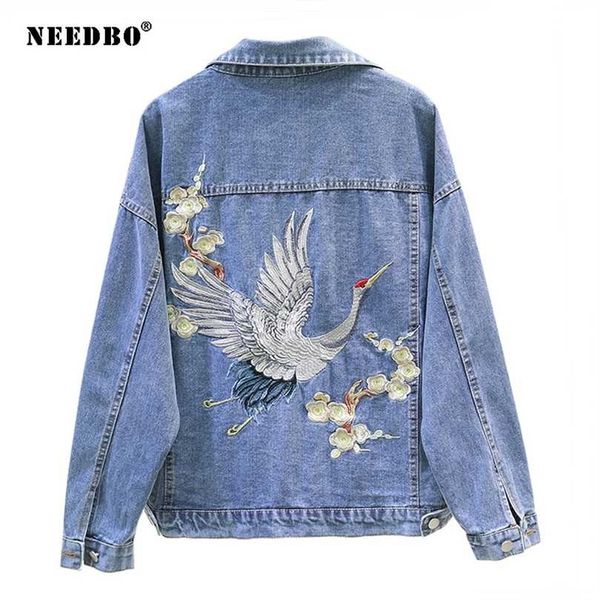 

denim jacket oversize women casual loose jeans embroidery small crane veste femme s coat outwear 211014, Black;brown