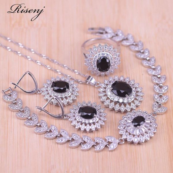 

earrings & necklace risenj black stone silver color costume jewelry set for women ring bracelet anniversary present