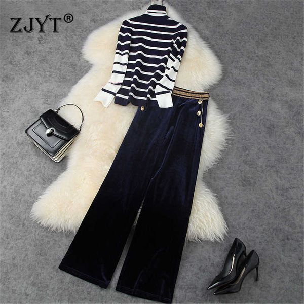 

fashion autumn winter suit women designers turtleneck striped knitted and pants 2 piece matching set lady outfit 210601, White