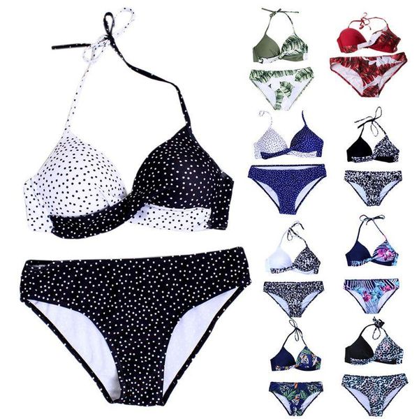 

women bikini halter push up padded twist swimsuit tropical leaf beachwear