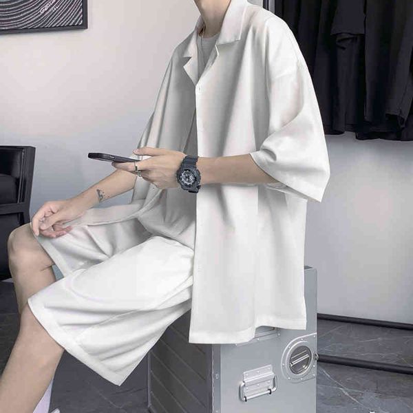

men's tracksuits summer two-piece sets fashion business society mens dress korean loose short-sleeved shirt shorts men short g6c7, Gray