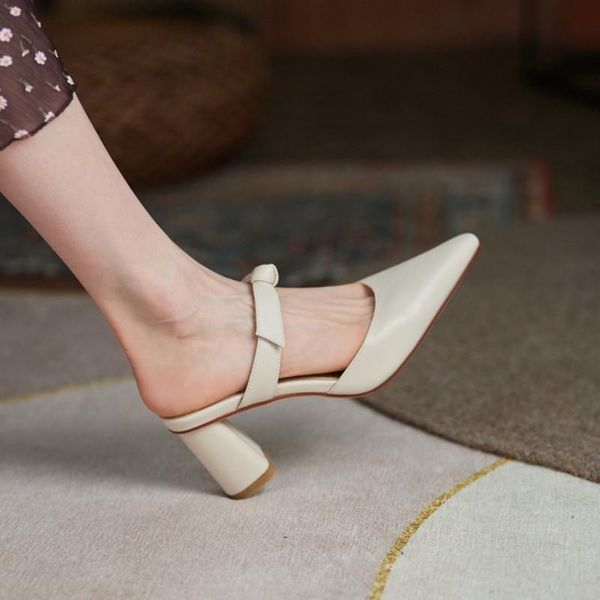 

dress shoes soft genuine leather mules women spring summer sweet bow-tie knot hand made beige brown block heels pumps shoe, Black