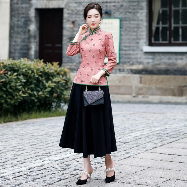 

ethnic clothing spring autumn suede fabric skirt dress set women flower print vintage qipao elegant mandarin collar 2pcs cheongsam suit, Red