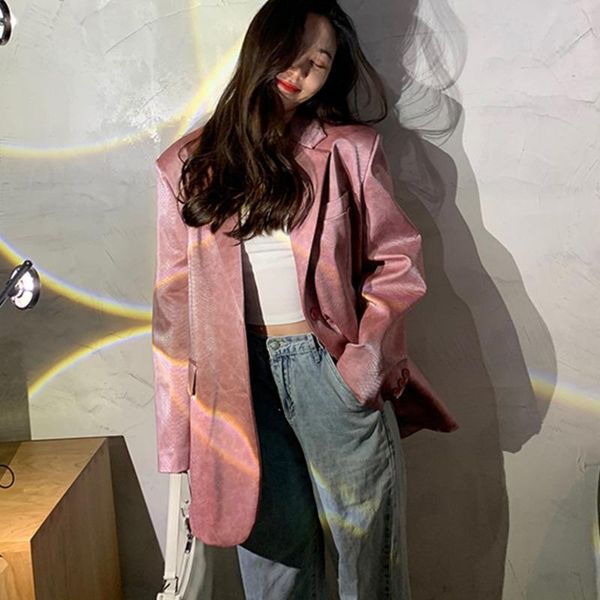 

women's leather & faux ieqj 2021 autumn winter pink pu jacket female loose lapel long sleeve temperament elegant coats women fashion 3w, Black