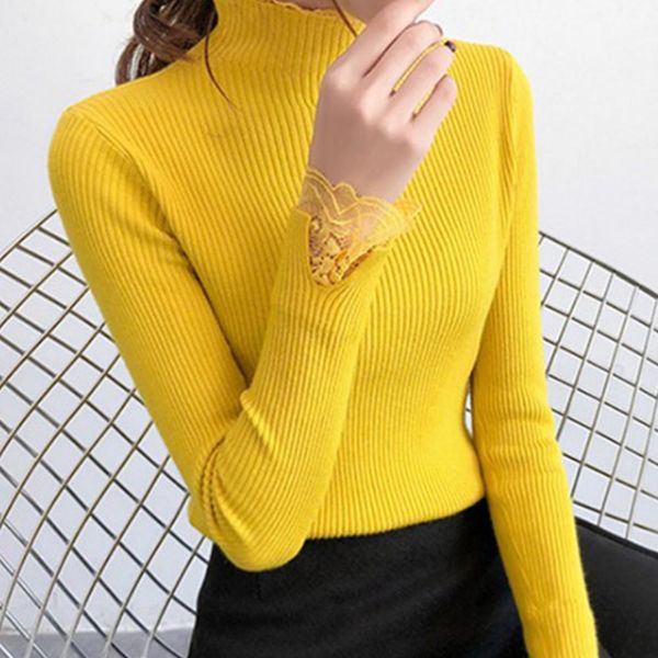 

women knitwear sweaters lace trim long sleeve mock neck sweater for women slim basic pullovers women knitted jumpers sweater, Gray