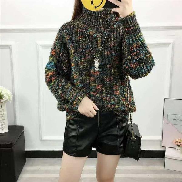 

high neck sweater men's loose net red knitting autumn winter 2020 new foreign lazy wind large size short style bottom coat, Black;brown