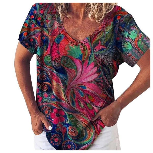 

women's t-shirt women boho loos clothes summer tshirt vitage print soft casual short sleeve v neck shirts ropa 2021, White
