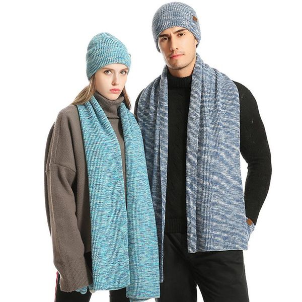 

hats, scarves & gloves sets winter men's and women's scarf set outdoor skiing warm knitted hat three pieces, Blue;gray