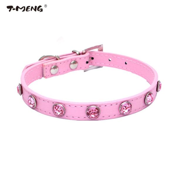 

t-meng bling pet dog collar led 1row rhinestone pu leather puppy dog collars bell cat neck strap for small dogs pet accessories