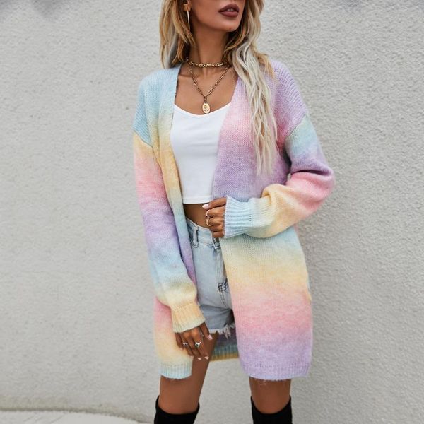 

women's knits & tees women rainbow knitted cardigan fashion open front sweater coat winter tie-dye long sleeve streetwear, White